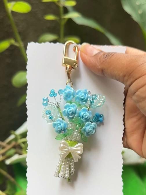 Cornflower Bouquet Charm — handmade blue rose bouquet keychain by MeShanvi Studio