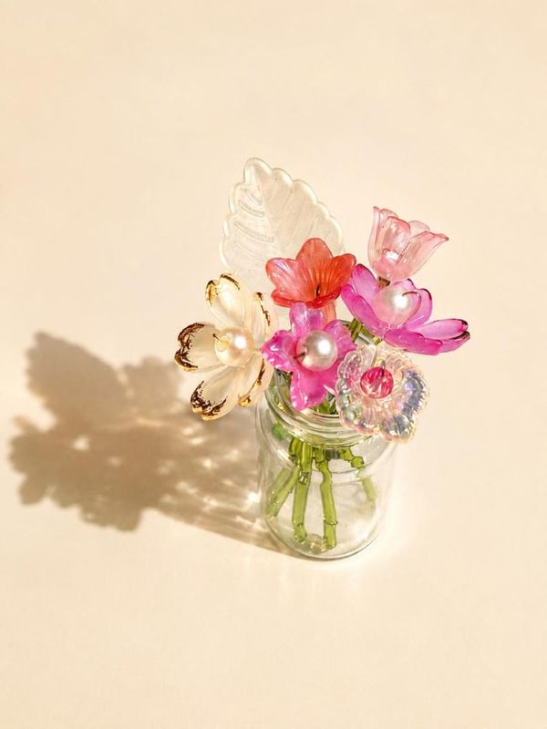 Sunlit Bloom Jar — handmade pink, coral and gold flowers in a glass jar by MeShanvi Studio